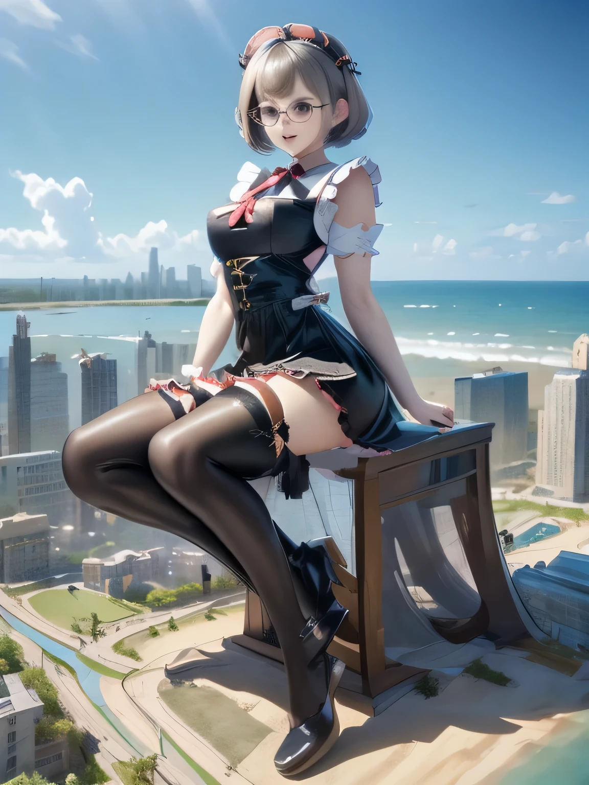 multiple girls, 3girls, standing, giantess art, highly detailed giantess shot, giantess, most detailed, perfect face, two legs, five fingers, short hair, beautiful girl bigger than a skyscraper, wearing rimless glasses, smiling, huge breasts, maid, maid outfit, black pantyhose, no shoes, toes visible through pantyhose, steam coming out of soles of feet, seaside metropolis, ocean, destroying city, under heavy attack, very small metropolis, miniature metropolis, full body depiction, GTS, giga giant, gigagts, trampling city, crashed city, small city, micro city, pantyhose feet, high resolution, best quality, masterpiece,