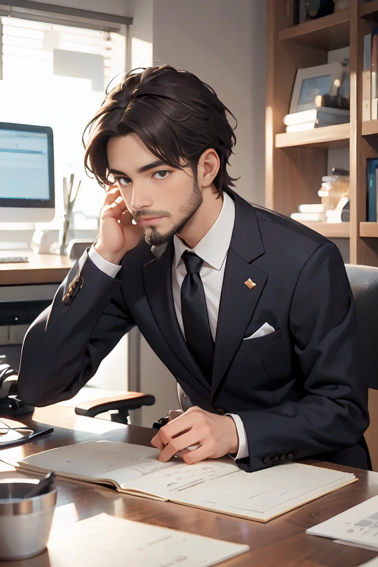 Handsome , office,suit、pc、president、,Short beard,Short moustache,sense of cleanliness