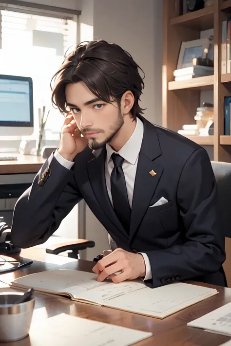 handsome , office,suit、pc、president、,short beard,short moustache,sense of cleanliness