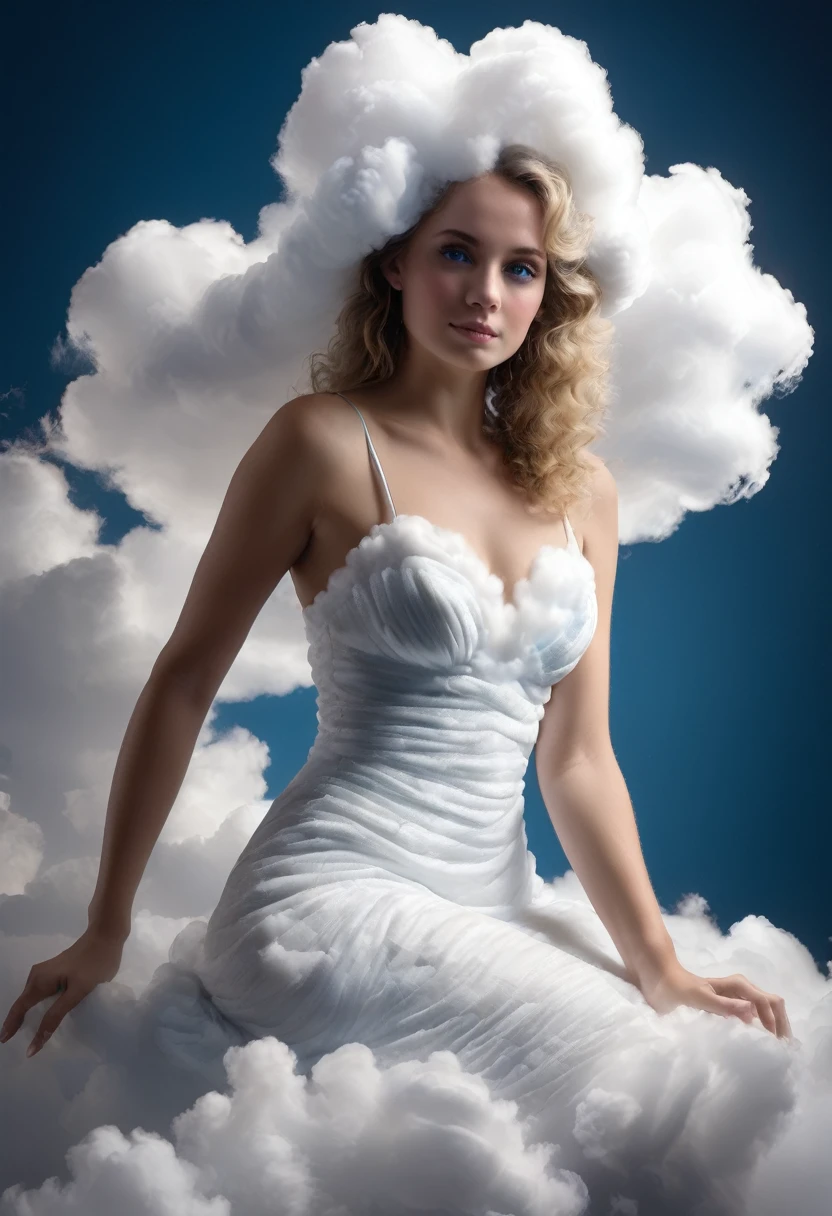 Dans une soirée chic, a sublime French woman aged 25 wearing a long evening dress made of white clouds, longues jambes, cheveux longs sublimes, electric blue eyes, regard intense , visage heureux et rayonnant, sublime poitrine effet push-up, sublime décolleté plongeant, ((proportions parfaites, masterpiece, hyperrealistic, masterpiece, superior quality, high resolution, Extremely detailed, highly detailed 8K wallpaper))