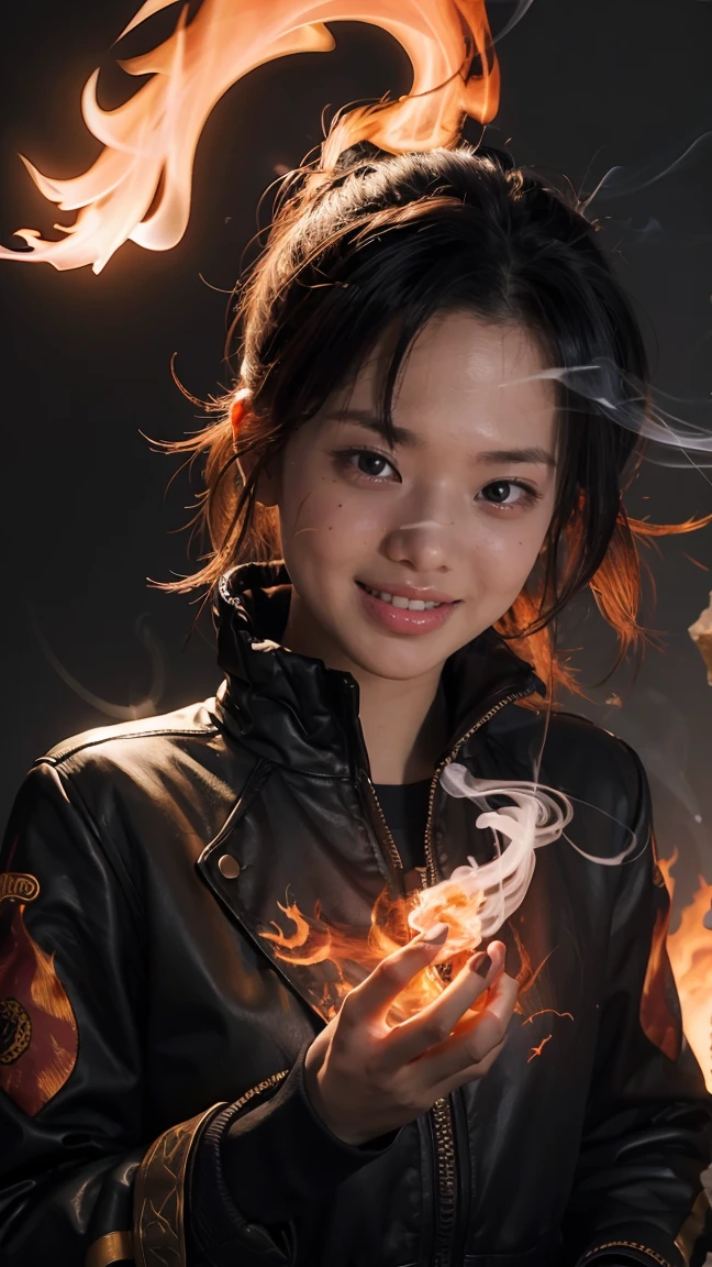 (extremely detailed CG unity 8k wallpaper),(masterpiece), (best quality), (ultra-detailed), (best illustration),(best shadow), (sharp eyeliner, eyeshadow, detailed eyes:1.1), (flames, smoke:1.3), ,BREAK, (vector:1.2), evil smile,