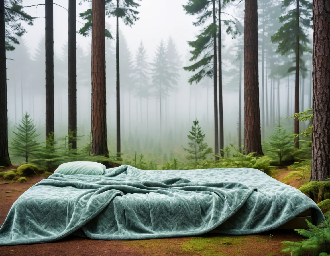 a close up of a bed with a blanket on it with a forest scene, Forough Forrest background, forest backdrop, misty forest scene, Foggy, misty forest, foggy forest, (((forest))), fir forest, sky forest background, beautiful pine tree landscape, soft forest background, vast forest, forest in the background, forest scenery, forest in background