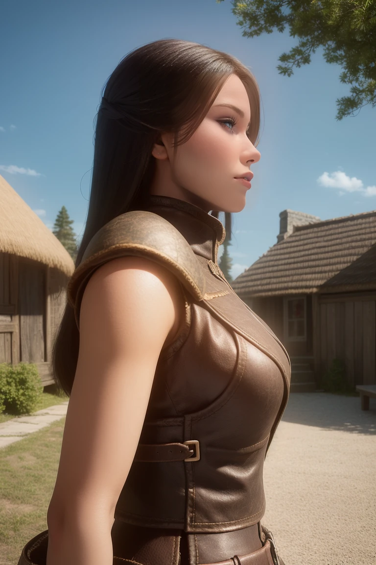 1 girl, masterpiece, 32 yo, femalebreton beauty sits outdoors in a rustic Skyrim village, surrounded by thatched roofs and lush greenery. The sun casts a warm glow on her porcelain skin as she gazes directly into the camera lens, her piercing green eyes sparkling with a hint of mischief. Her raven tresses cascade down her back like a waterfall, framing her heart-shaped face. A gentle smile plays on her lips, inviting the viewer to step into her whimsical world. blonde hair, fit body, Skyrim style, (female front view:1.3), looking at the viewer.,wearing light armor, femalebreton