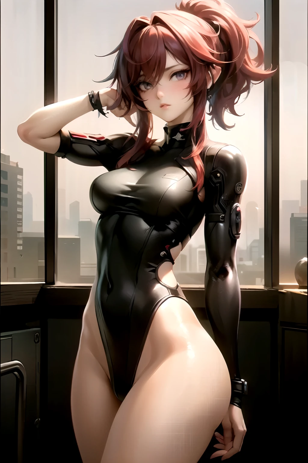 ((best quality)), ((Masterpiece)), (details:1.4), 3d, Image of a beautiful cyberpunk woman., HDR (high dynamic range), mature woman, Curtain Bangs, Red hair, black eyes, (S.W.A.T uniform), PBR surface, After processing, Anisotropic filtration,depth of field, Maximum clarity and clarity, multi-layered surface, perfect proportions, 8K raw files, cyberpunk, at night, ผมหลายชั้น, กระโปรงสั้น, natural lighting, soft lighting, sunlight, หน้าอกใหญ่, hips up, บนตึกสูง