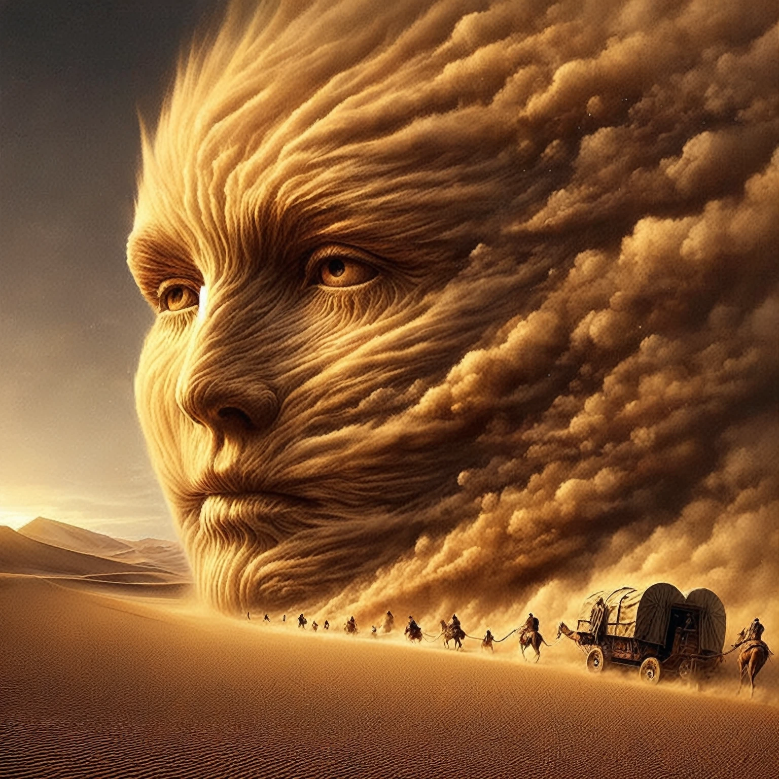 arafed image of a man with a large face and a caravan of people, surreal art, surrealistic digital artwork, sand desert fantasy, dramatic artwork, illusion surreal art, mind-bending digital art, surreal digital art, emotional surrealist art, sand storm, surrealism art, fractal thunder dan mumford, stunning artwork, epic surrealism 8k oil painting