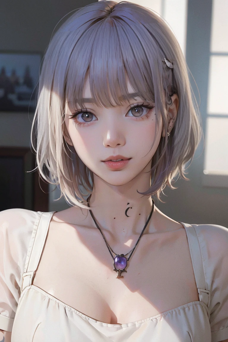 ((Close-up of a woman with tattoos on her chest)), girl, ((Short white hair with bangs, Black strands of hair)), Purple eyes, White T-shirt and white cape, Pendant around the neck. 超High resolution.Photorealistic. 超High resolution.Photorealistic:1.4,超High resolution. Realistic，High resolutionで, masterpiece, Highest quality, Very detailed, Better Shadows, Volumetric lighting), super high quality, High resolution, 8k, 超Realisticな肖像画 , Photorealistic, Dynamic Lighting, Volumetric lighting, Very detailed顔,