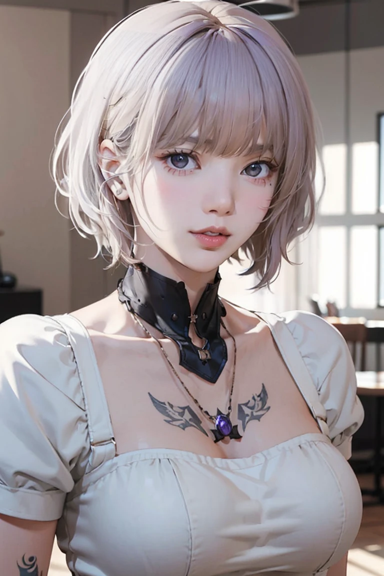 ((Close-up of a woman with tattoos on her chest)), girl, ((Short white hair with bangs, Black strands of hair)), Purple eyes, White T-shirt and white cape, Pendant around the neck. 超High resolution.Photorealistic. 超High resolution.Photorealistic:1.4,超High resolution. Realistic，High resolutionで, masterpiece, Highest quality, Very detailed, Better Shadows, Volumetric lighting), super high quality, High resolution, 8k, 超Realisticな肖像画 , Photorealistic, Dynamic Lighting, Volumetric lighting, Very detailed顔,(NSFW:0.8),Large Breasts