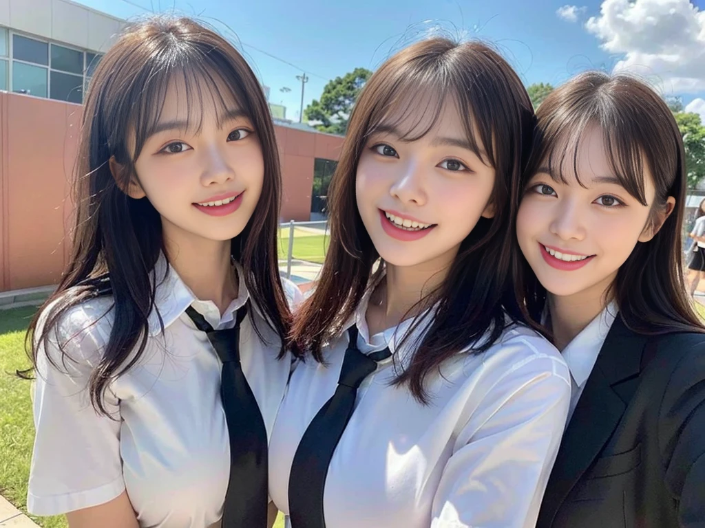 (Super cute Korean schoolgirl takes a commemorative photo with her beautiful best friend:1.2)(laughing:1.2)(Beautiful Sweat:1.1)(16K, RAW Photos, Highest quality, masterpiece: 1.2),(Her shiny, beautiful black bob hair sways softly in the wind.:1.1) Super detailed, Super Resolution, (Genuine, Genuine photos: 1.37), Portraiture, High-resolution RAW color photos, Professional photos, Very detailed, 8k wallpaper, Very detailed CG Unity 8k wallpaper, Very detailed beautiful girls, Very detailed faces, ((whole body)), beautiful woman, Huge breasts,(huge boobs:1.1) (Big Boobs:1.1), beautiful  (Cute school uniforms,School-designated summer short-sleeved shirt＆Red tie and shirt uniform),high school girl, Korean Girls,(K-POP Female Idols), (Idol-class beauty)(Beautiful high school girl:1.1)(Heavy rain at school in Tokyo)((15 years old)(Date:1.2)(Group photo:1.2)Headband(NSFW:1.3),(hugging each other.1.3)