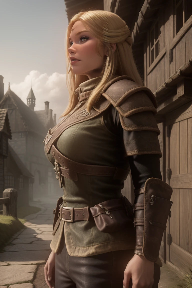 1 girl, masterpiece, 32 yo, femalebreton beauty sits outdoors in a rustic Skyrim village, surrounded by thatched roofs and lush greenery. The sun casts a warm glow on her porcelain skin as she gazes directly into the camera lens, her piercing green eyes sparkling with a hint of mischief. Her raven tresses cascade down her back like a waterfall, framing her heart-shaped face. A gentle smile plays on her lips, inviting the viewer to step into her whimsical world. blonde hair, fit body, Skyrim style, (female front view:1.3), looking at the viewer.,wearing light armor, femalebreton