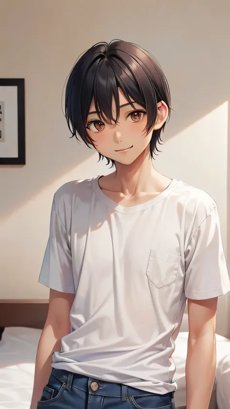 highest quality、Realistic、man、zoom、Orange Eyes、Short black hair、Plain white T-shirt、Rolling up his sleeves、denim、slender、Dark Skin、smile、Bedroom、Bust Shot、