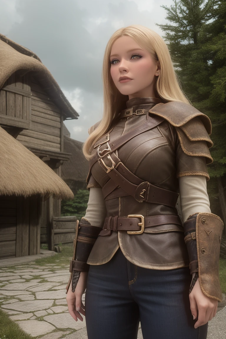 1 girl, masterpiece, 32 yo, femalebreton beauty sits outdoors in a rustic Skyrim village, surrounded by thatched roofs and lush greenery. The sun casts a warm glow on her porcelain skin as she gazes directly into the camera lens, her piercing green eyes sparkling with a hint of mischief. Her raven tresses cascade down her back like a waterfall, framing her heart-shaped face. A gentle smile plays on her lips, inviting the viewer to step into her whimsical world. blonde hair, fit body, Skyrim style, (female front view:1.3), looking at the viewer.,wearing light armor, blonde hair, femalebreton