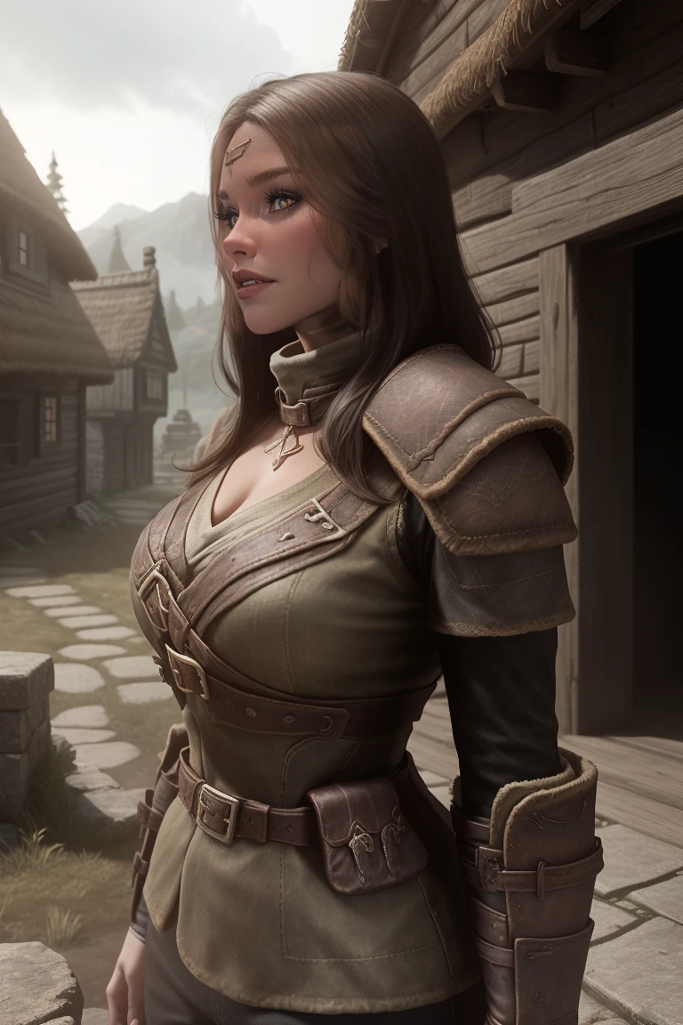 1 girl, masterpiece, 32 yo, femalebreton beauty sits outdoors in a rustic Skyrim village, surrounded by thatched roofs and lush greenery. The sun casts a warm glow on her porcelain skin as she gazes directly into the camera lens, her piercing green eyes sparkling with a hint of mischief. Her raven tresses cascade down her back like a waterfall, framing her heart-shaped face. A gentle smile plays on her lips, inviting the viewer to step into her whimsical world. blonde hair, fit body, Skyrim style, (female front view:1.3), looking at the viewer.,wearing light armor, femalebreton