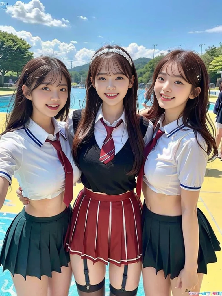 (Super cute Korean schoolgirl takes a commemorative photo with her beautiful best friend:1.2)(laughing:1.2)(Beautiful Sweat:1.1)(16K, RAW Photos, Highest quality, masterpiece: 1.2),(Her shiny, beautiful black bob hair sways softly in the wind.:1.1) Super detailed, Super Resolution, (Genuine, Genuine photos: 1.37), Portraiture, High-resolution RAW color photos, Professional photos, Very detailed, 8k wallpaper, Very detailed CG Unity 8k wallpaper, Very detailed beautiful girls, Very detailed faces, ((whole body)), beautiful woman, Huge breasts,(huge boobs:1.1) (Big Boobs:1.1), beautiful  (Cute school uniforms,School-designated summer short-sleeved shirt＆Red tie and shirt uniform),high school girl, Korean Girls,(K-POP Female Idols), (Idol-class beauty)(Beautiful high school girl:1.1)(Sunny day at the water park)((15 years old)(Date:1.2)(Group photo:1.2)Headband(NSFW:1.1)(Only one person has beautiful red hair:1.1)(sexy garter belt)(trio)