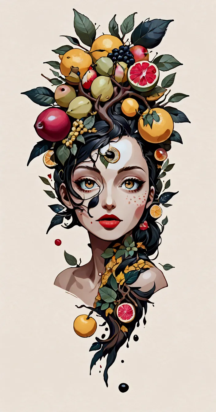 there is a painting of a woman&#39;s eye and a branch of fruit, digital collages, inspired by Marco Mazzoni, inspired by Hannah ...