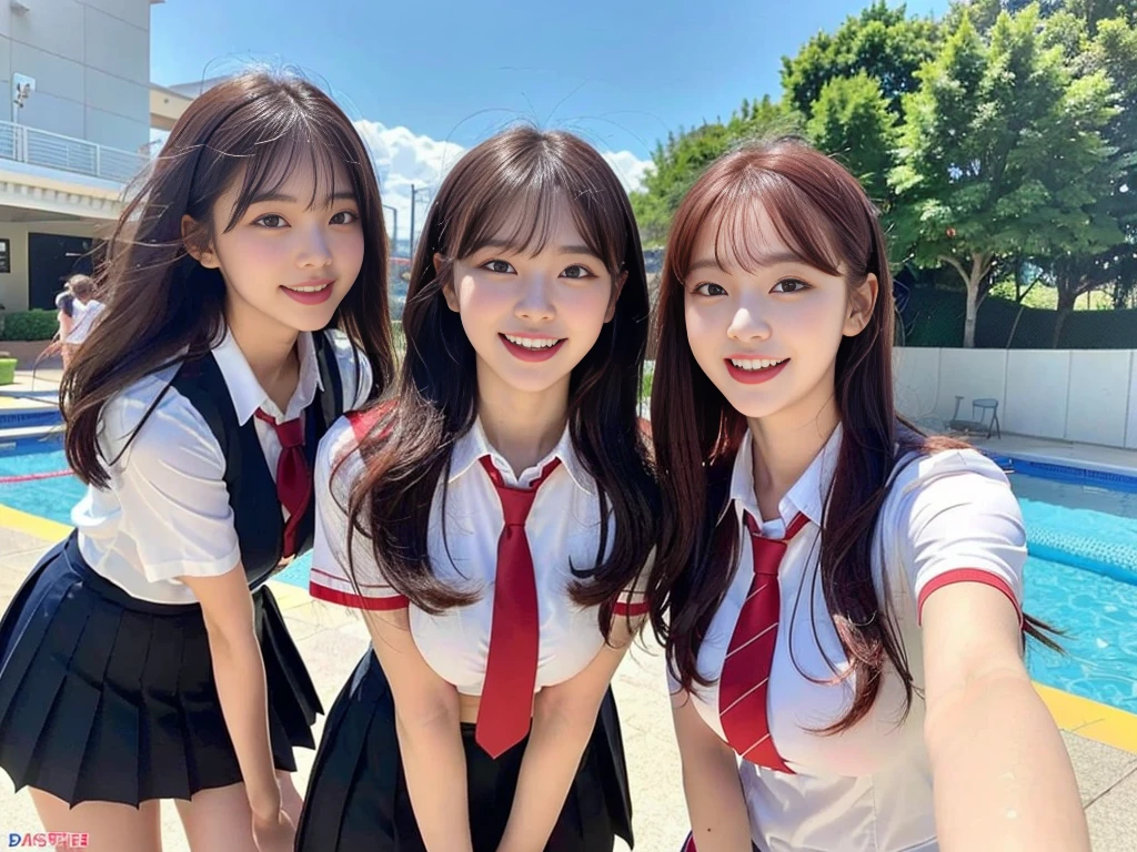 (Super cute Korean schoolgirl takes a commemorative photo with her beautiful best friend:1.2)(laughing:1.2)(Beautiful Sweat:1.1)(16K, RAW Photos, Highest quality, masterpiece: 1.2),(Her shiny, beautiful black bob hair sways softly in the wind.:1.1) Super detailed, Super Resolution, (Genuine, Genuine photos: 1.37), Portraiture, High-resolution RAW color photos, Professional photos, Very detailed, 8k wallpaper, Very detailed CG Unity 8k wallpaper, Very detailed beautiful girls, Very detailed faces, ((whole body)), beautiful woman, Huge breasts,(huge boobs:1.1) (Big Boobs:1.1), beautiful  (Cute school uniforms,School-designated summer short-sleeved shirt＆Red tie and shirt uniform),high school girl, Korean Girls,(K-POP Female Idols), (Idol-class beauty)(Beautiful high school girl:1.1)(Sunny day at the water park)((15 years old)(Date:1.2)(Group photo:1.2)Headband(NSFW:1.1)(Only one person has beautiful red hair:1.1)(trio)Fishnet tights,