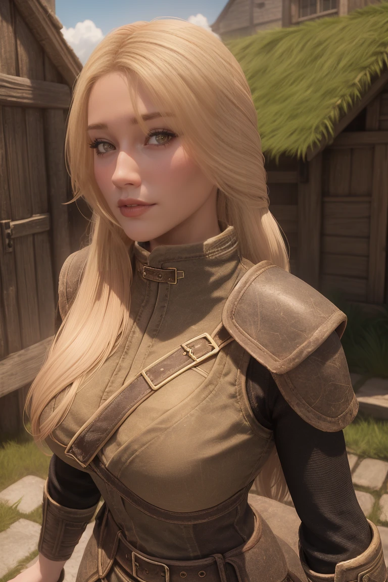 1 girl, masterpiece, 32 yo, female breton beauty sits outdoors in a rustic Skyrim village, surrounded by thatched roofs and lush greenery. The sun casts a warm glow on her porcelain skin as she gazes directly into the camera lens, her piercing green eyes sparkling with a hint of mischief. Her raven tresses cascade down her back like a waterfall, framing her heart-shaped face. A gentle smile plays on her lips, inviting the viewer to step into her whimsical world. blonde hair, fit body, Skyrim style, (female front view:1.3), looking at the viewer.,wearing light armor, female breton