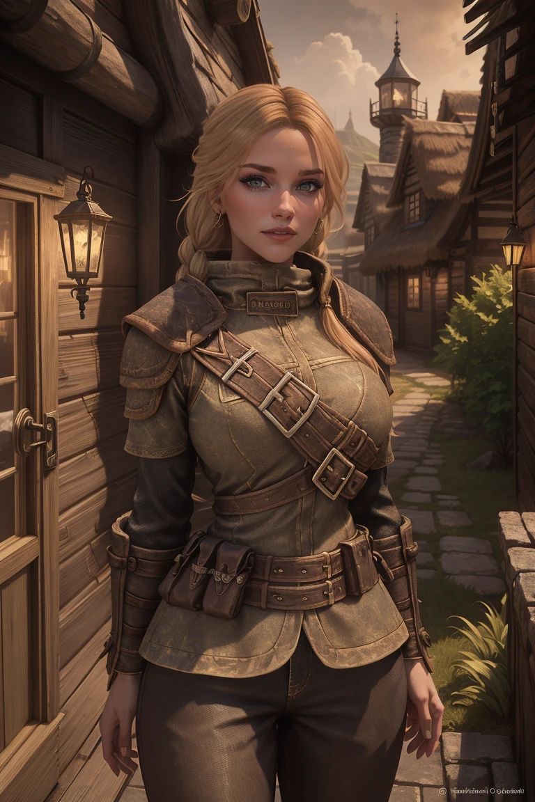 1 girl, masterpiece, 32 yo, female breton beauty sits outdoors in a rustic Skyrim village, surrounded by thatched roofs and lush greenery. The sun casts a warm glow on her porcelain skin as she gazes directly into the camera lens, her piercing green eyes sparkling with a hint of mischief. Her raven tresses cascade down her back like a waterfall, framing her heart-shaped face. A gentle smile plays on her lips, inviting the viewer to step into her whimsical world. blonde hair, fit body, Skyrim style, (female front view:1.3), looking at the viewer.,wearing light armor, female breton