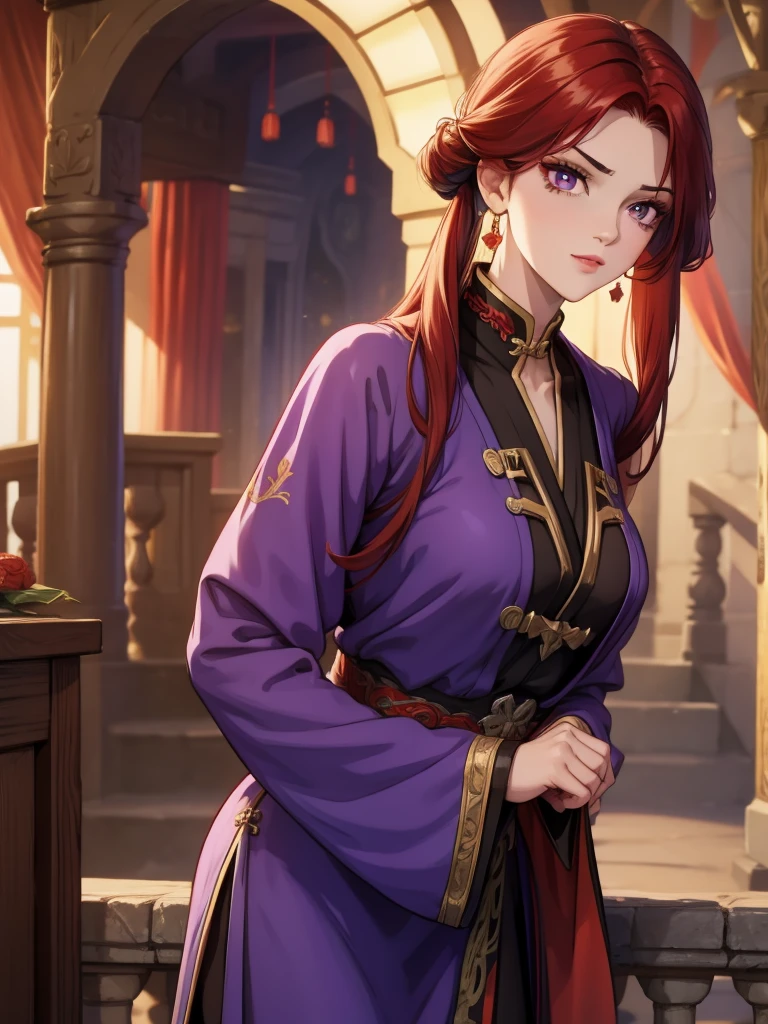 My sweet vampire (17 years old, thin, black and red hair) lies on his crypt, joy, colmillos, purple eyes, purple hanfu, elegant, Ancient China, Chinese national costume