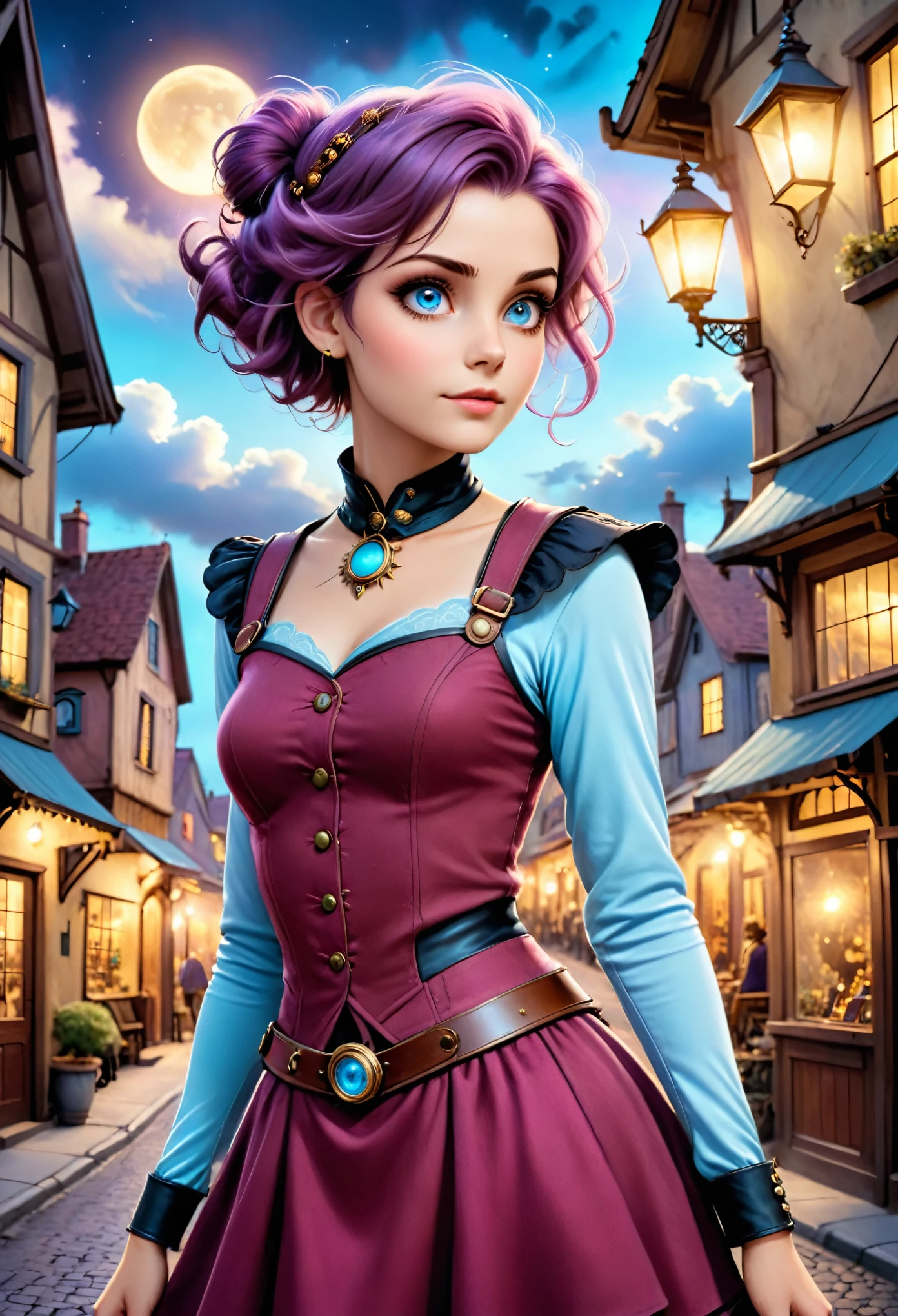 realistic, mesmerizing, modern analog photo, middle shot, photorealistic, (most detailed face, eyes), skyscape with clouds, nightfall, cute woman, small european town in 1910, short windblown skirt, soft steampunk aesthetic, short hair, smoke particles, halo, (bioluminescent:0.95), vibrant color details, dynamic, Intensed eyes, sexy, pleasure, wishmaster, depth of field, 35mm, film grain, raw photo, isometric, extremely detailed