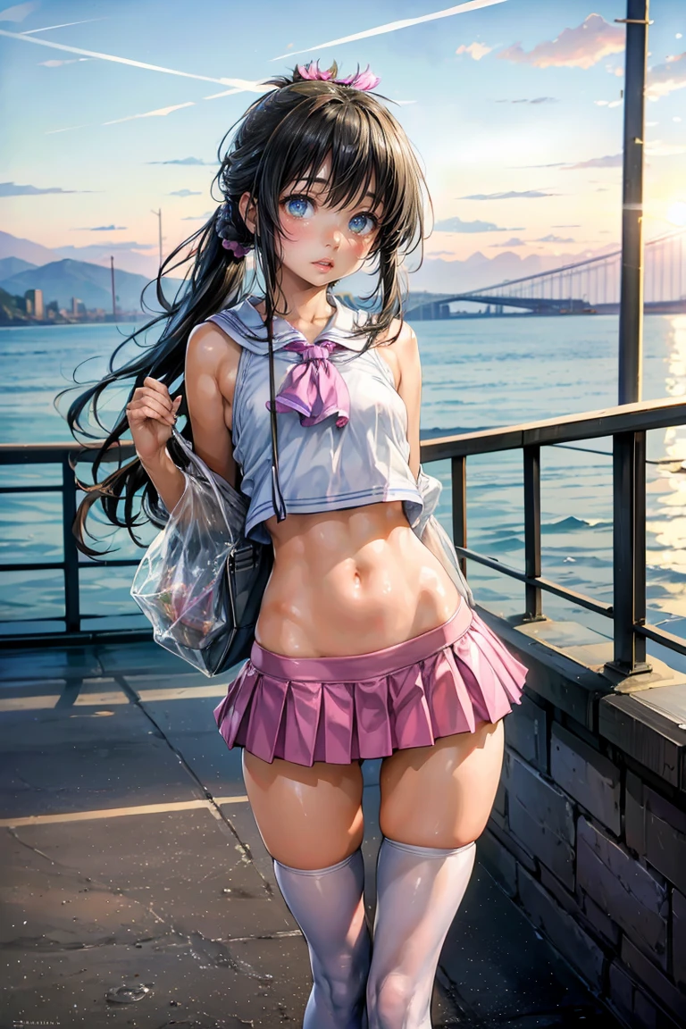 Beautiful nipple stand、1 girl, ( Looks very young:1.2) , (Flat Chest:1.2), High school girl sailor costume Looks very young.... ,, {{cute:1.3}}, trembling:1.3}3, , Black Hair, ponytail,  sun、 Brown eyes, noon,, Looking at the audience, Angry face with open mouth,sun, , Long Hair, belly button, Scrunchie, bangs, Expose your shoulders,Dynamic leg spread pose:1.2, I have a bag:1.2,学校のarchitecture, Near the sky, architecture, Side Lock, ヘアScrunchie, Outdoor, Sky Porn,Ezvian everywhere:1.3, (She is still a 10-year-old girl.............、Beautiful slender body、 )、 (A gal showing off her flashy pink pants in a miniskirt),(Small breasts, Small breasts, Tight waist)、High school girl sailor costume、Best Smile 2.0