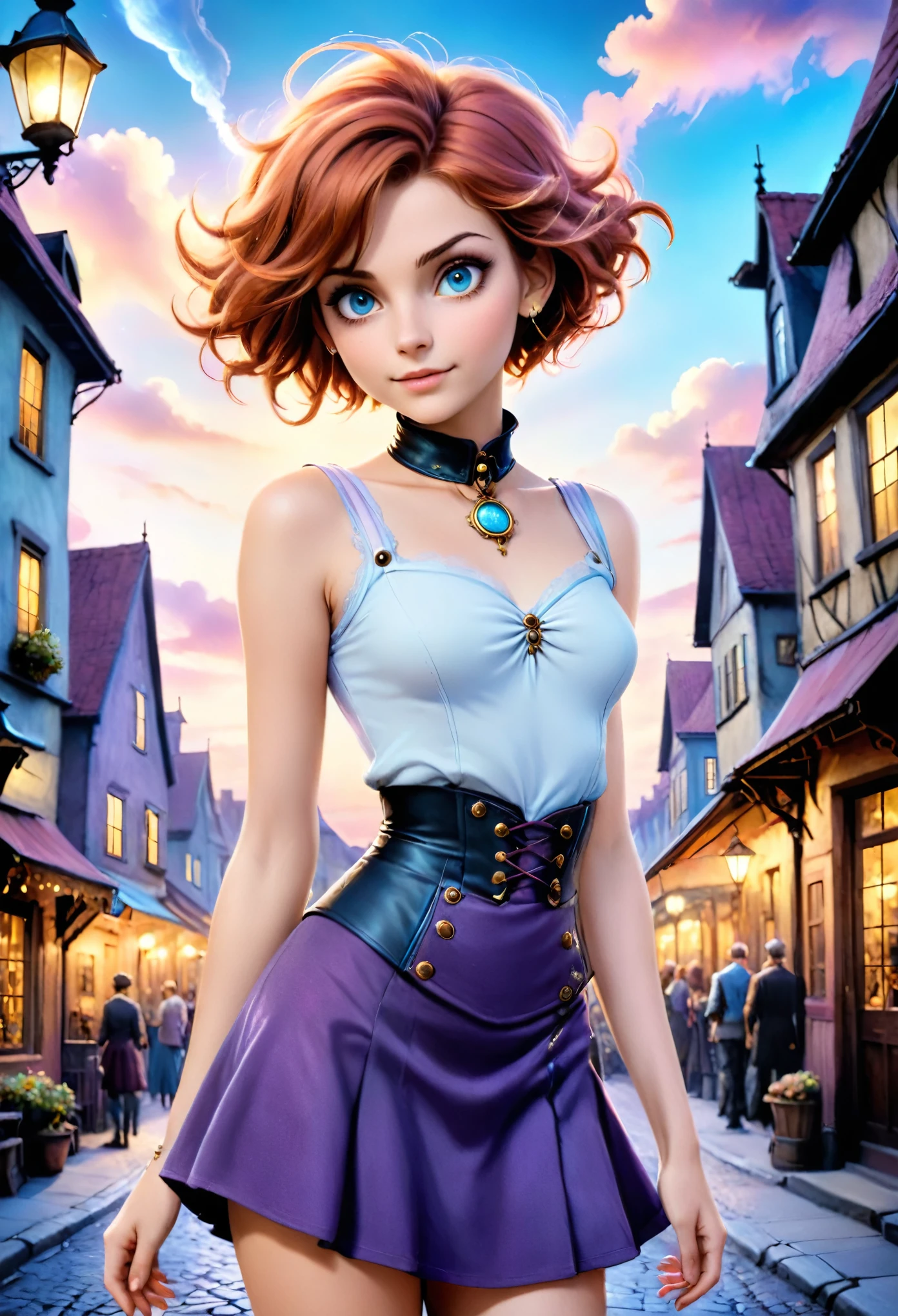 realistic, mesmerizing, modern analog photo, middle shot, photorealistic, (most detailed face, eyes), skyscape with clouds, nightfall, cute woman, small european town in 1910, short windblown skirt, soft steampunk aesthetic, short hair, smoke particles, halo, (bioluminescent:0.95), vibrant color details, dynamic, Intensed eyes, sexy, pleasure, wishmaster, depth of field, 35mm, film grain, raw photo, isometric, extremely detailed