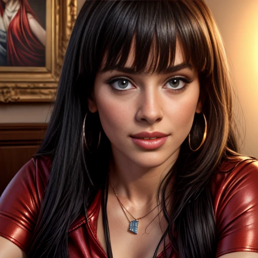 1 woman, 30 years old, long straight black hair, bangs, looking at viewer, detailed eyes, shy smile, jewelry, medium breast, earrings, belt, blue leather jacket, tight red t-shirt, mini skirt, sheer white tights, necklace, bracelet, lips, (dynamic angle), (best quality,4k,8k,highres,masterpiece:1.2),ultra-detailed,(realistic,photorealistic,photo-realistic:1.37), portrait, fashion, studio lighting, warm colors, soft lighting