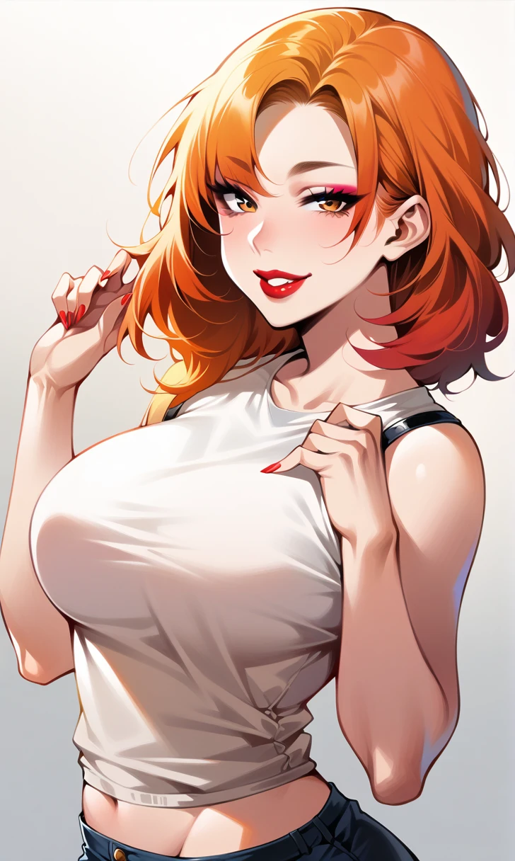 check_9, check_8_up, check_7_up, 1 girl, Simplified background, Asiatic, casual clothes , Sunny, Beautiful, flirty face, Red lips, sharp eyes, big breasts, big ass, beautiful eyelashes, cute face, high detail, Hands, seductive face, Good Makeup, Red hair, orange hair, cute face, white top, short shorts
