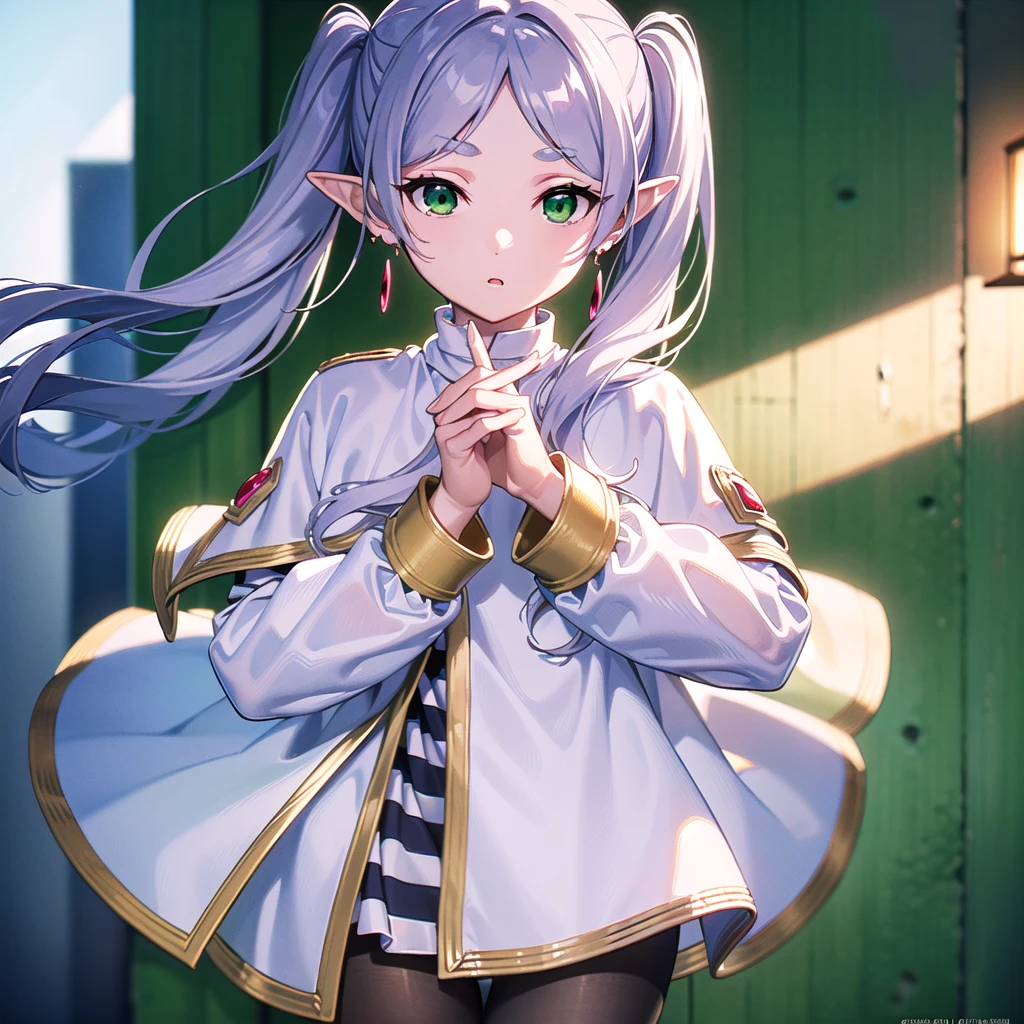 Freezing, Freezing, Long Hair, Twin tails, (Green Eyes:1.5), Grey Hair, Pointed Ears, Fairy,
break shirt, Long sleeve, jewelry, pantyhose, Earrings, Striped, black pantyhose, Capelet, Striped shirt,
break outdoors, null, nature,
break looking at viewer, (Cowboy Shot:1.5),
break (masterpiece:1.2), Highest quality, High resolution, unity 8k wallpaper, (figure:0.8), (Beautiful attention to detail:1.6), Highly detailed face, Perfect lighting, Highly detailed CG, (Perfect hands, Perfect Anatomy),Face close-up、White background、