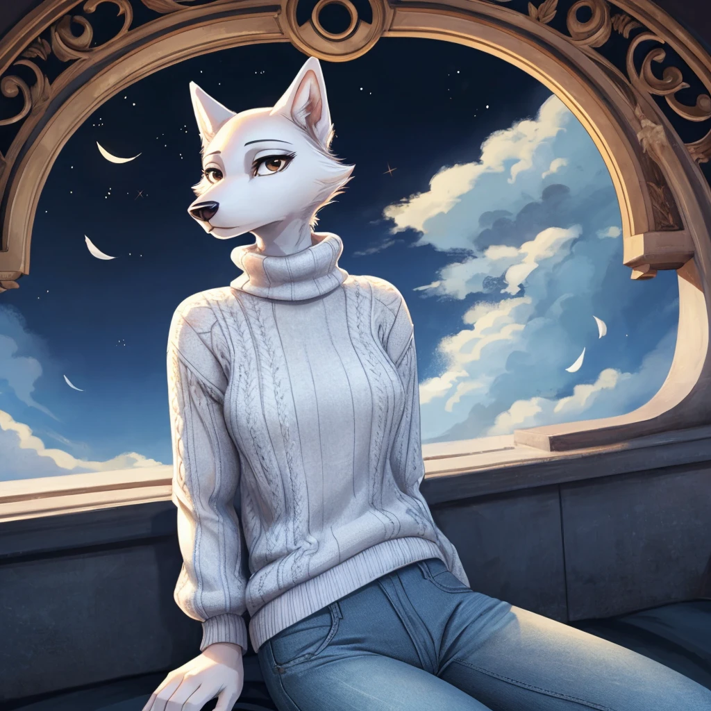 The female white wolf in the Beastars universe emanates a serene and ethereal beauty. With a slender frame and pristine white fur, she exudes grace and purity. Wearing a turtle neck knit sweater and denim blue jeans, she combines sophistication with a gentle and kind vibe.