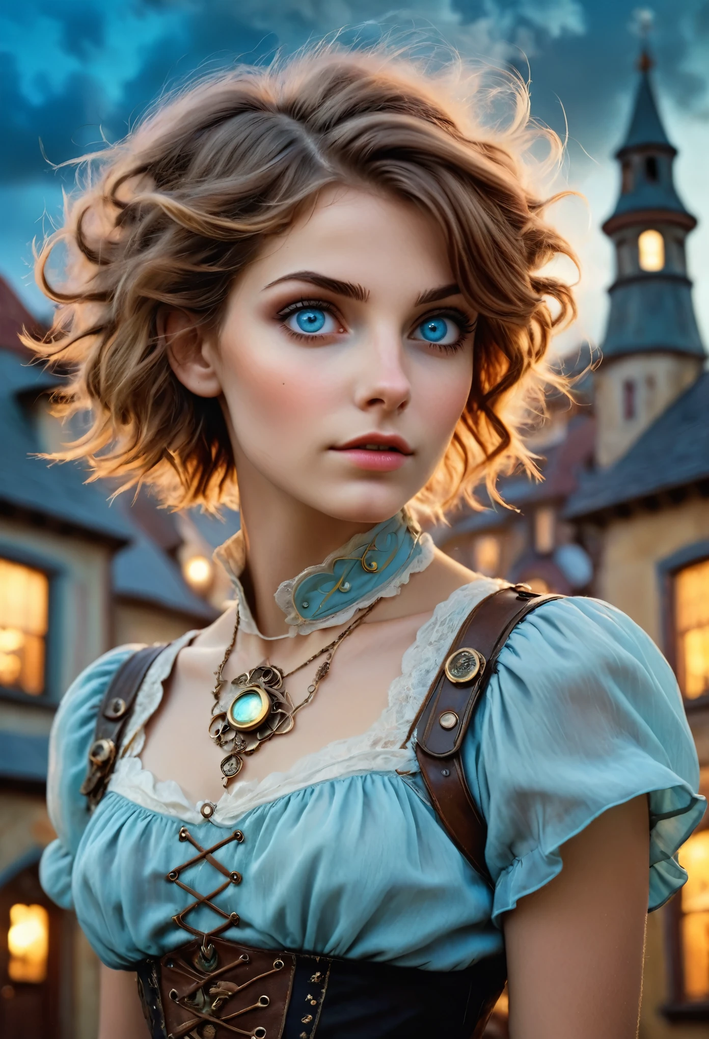 realistic, mesmerizing, modern analog photo, middle shot, photorealistic, (most detailed face, eyes), skyscape with clouds, nightfall, cute woman, small european town in 1910, short windblown skirt, soft steampunk aesthetic, short hair, smoke particles, halo, (bioluminescent:0.95), vibrant color details, dynamic, Intensed eyes, sexy, pleasure, wishmaster, depth of field, 35mm, film grain, raw photo, isometric, extremely detailed