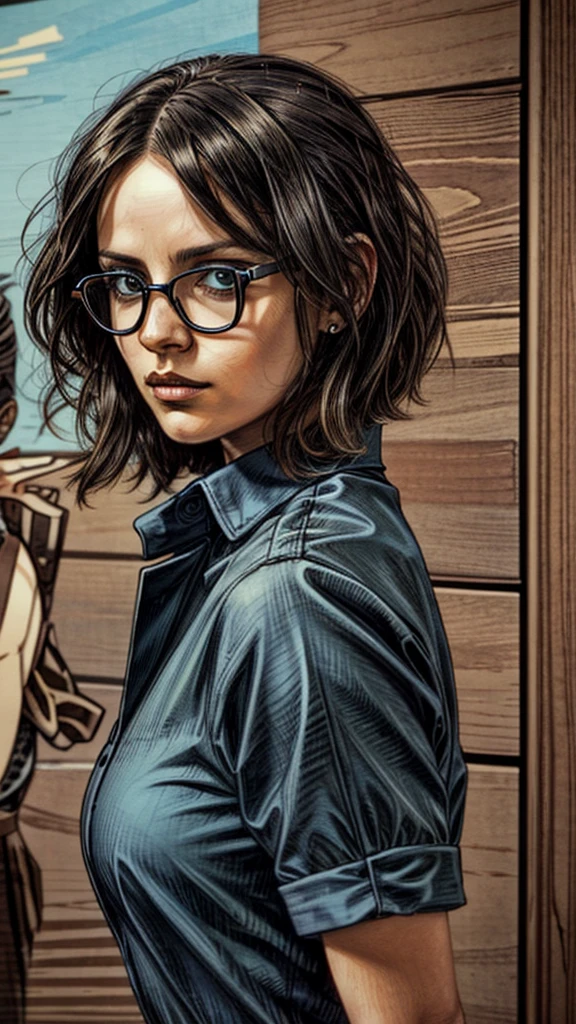 woman in blue shirt and glasses standing in front of a wooden wall, a portrait inspired by Bernardino Mei, reddit, renaissance, photograph credit: ap, lindsey look, blunt bangs fall on her forehead, medium closeup, in court, the woman is behind bars, robin eley, she has black hair with bangs, special, in a courtroom, in serous intense theme