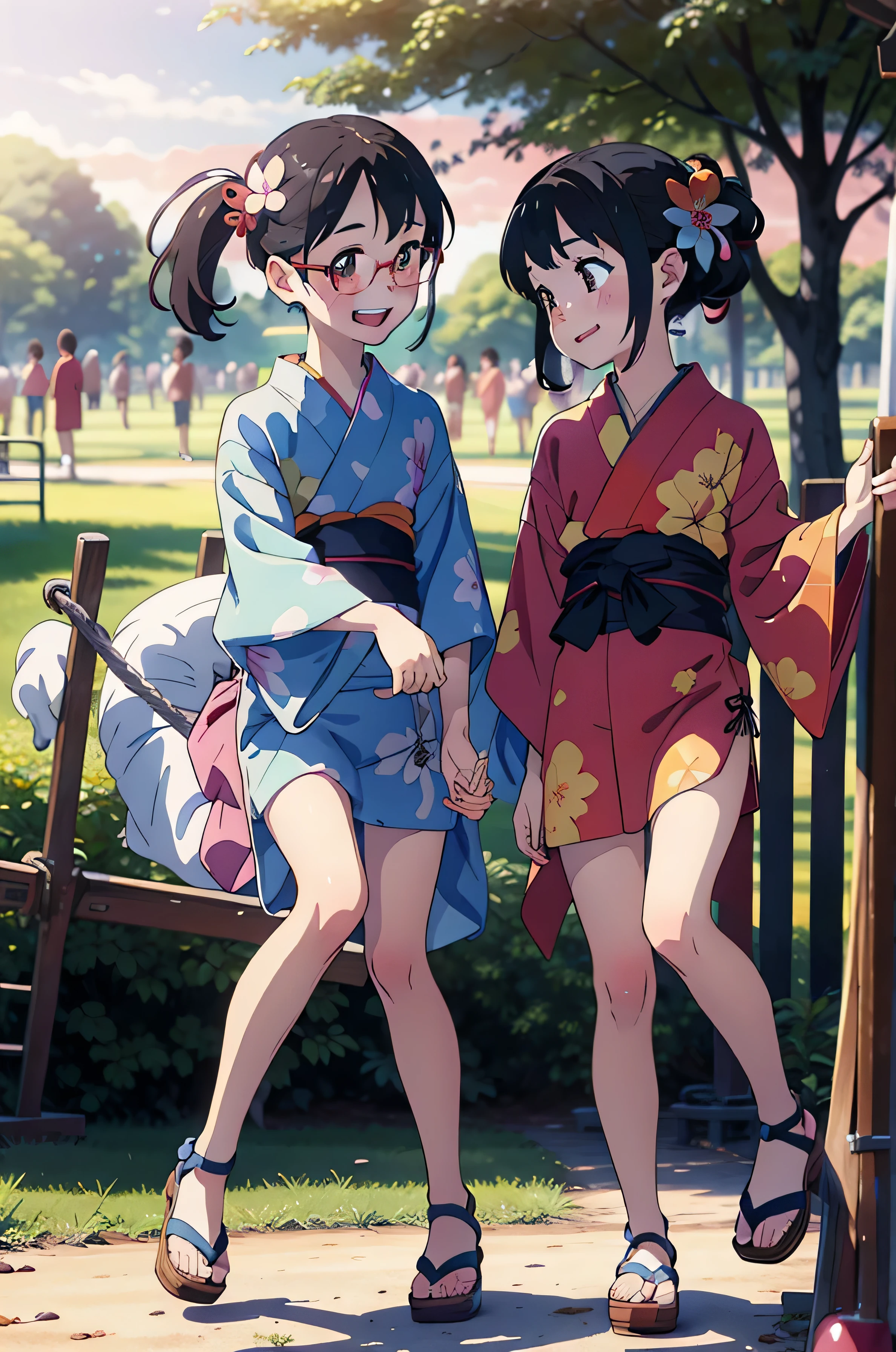 (high quality)，Two Girls，，Baby Face，Very short stature，very small flat chest，Very flat chest that looks like it might expand，Very thin limbs，Very thin thighs，Wear a cute yukata，hair ornaments，naked，Glasses，Cute Sandals，Loincloth，Summer festival in the park，(Playground equipment in the park)，Laughing happily，blush，At dusk，Beautiful sunset，Fisheye Lens，bright，bright色，watercolor, Ghibli style，