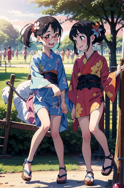 (high quality)，Two Girls，10 years old，Baby Face，Very short stature，very small flat chest，Very flat chest that looks like it might expand，Very thin limbs，Very thin thighs，Wear a cute yukata，hair ornaments，naked，Glasses，Cute Sandals，Loincloth，Summer festival in the park，(Playground equipment in the park)，Laughing happily，blush，At dusk，Beautiful sunset，Fisheye Lens，bright，bright色，watercolor, Ghibli style，