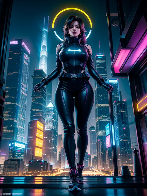 Desenhe ombre de Overwatch em um ambiente urbano cibernético futurista, filled with skyscrapers illuminated by holograms and neo...