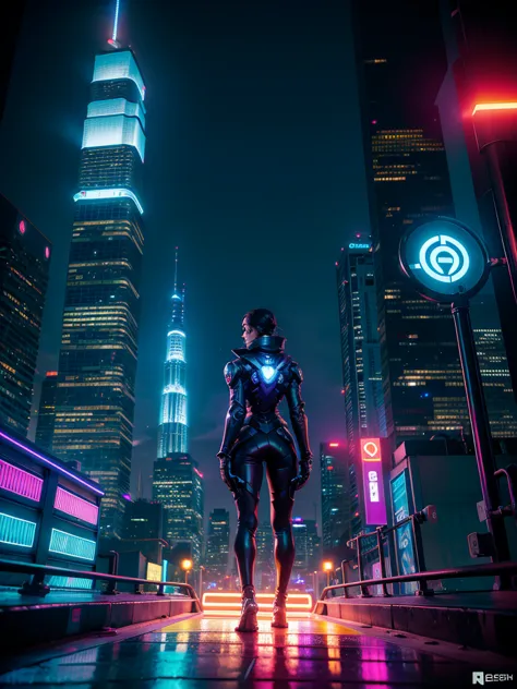 desenhe ombre de overwatch em um ambiente urbano cibernético futurista, filled with skyscrapers illuminated by holograms and neo...