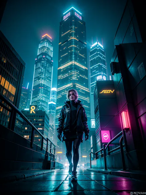 Desenhe ombre de Overwatch em um ambiente urbano cibernético futurista, filled with skyscrapers illuminated by holograms and neo...