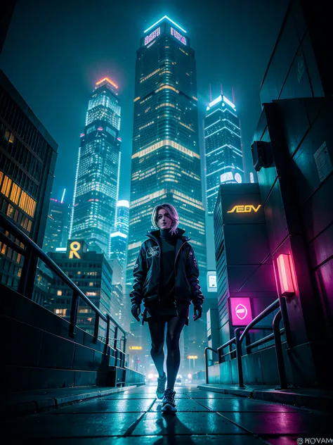 desenhe ombre de overwatch em um ambiente urbano cibernético futurista, filled with skyscrapers illuminated by holograms and neo...