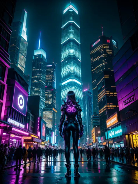 desenhe ombre de overwatch em um ambiente urbano cibernético futurista, filled with skyscrapers illuminated by holograms and neo...