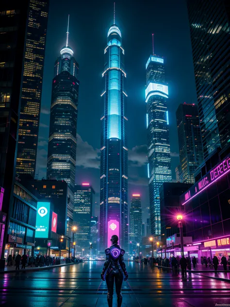 Desenhe ombre de Overwatch em um ambiente urbano cibernético futurista, filled with skyscrapers illuminated by holograms and neo...