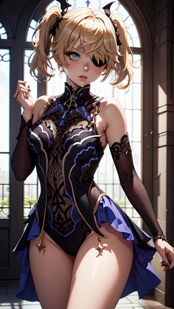 Young blonde girl, black eye patch, twin large ponytails, 
BREAK (masterpiece:1.2), best quality, high resolution, unity 8k wallpaper, (illustration:0.8), (beautiful detailed eyes:1.6), extremely detailed face, perfect lighting, extremely detailed CG, (perfect hands, perfect anatomy), joyful, laughing, Happy, (thigh corset with deep lace neckline), NSFW, portrait (3:4), posing. In darkness next to a scary castle.