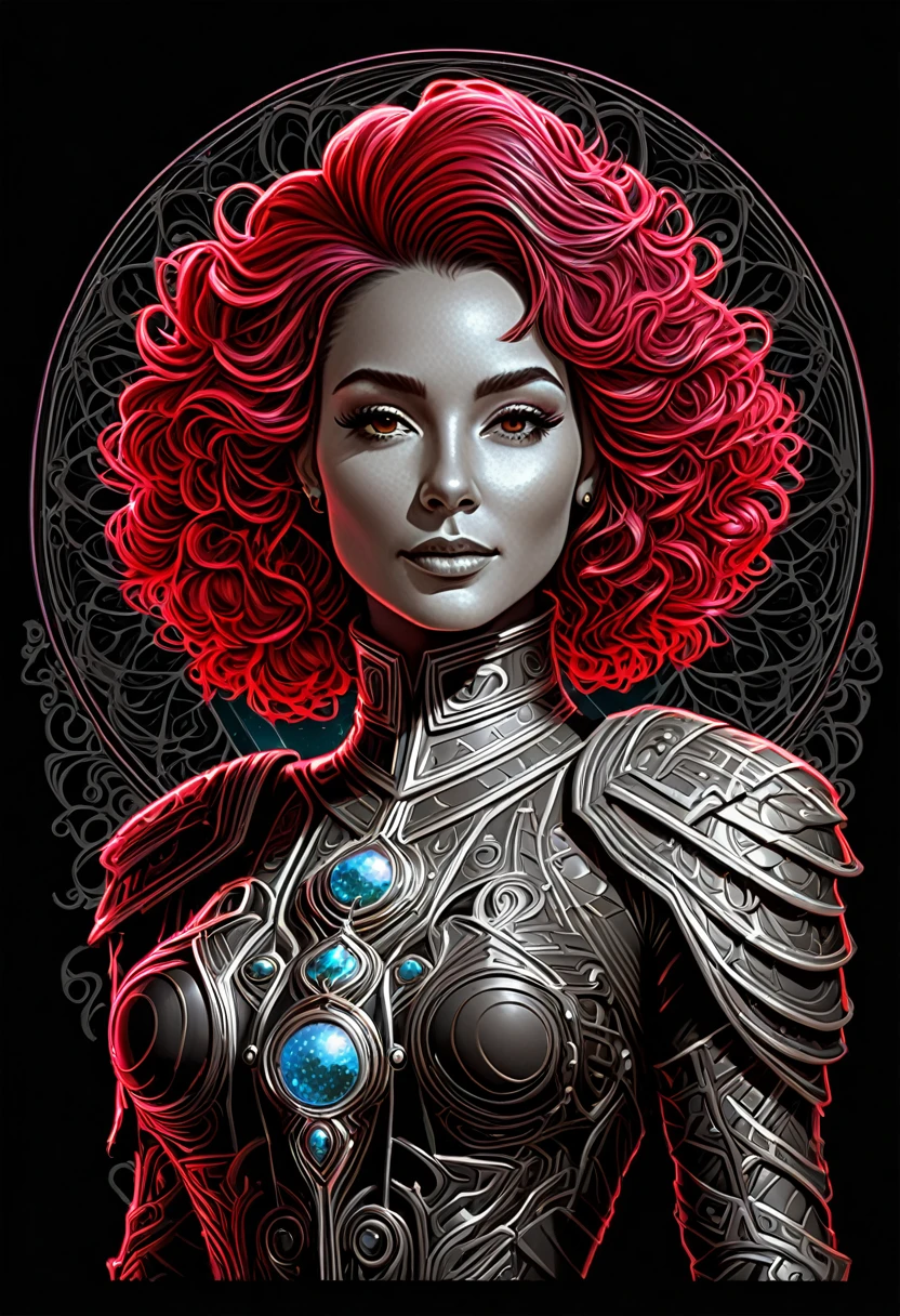 Ava Red, the Wizard of Magical Colors, Honky Tonk Girl, symmetrical, in the style of James Gurney, inspired by Peter Mohrbacher and Buckminster Fuller, black paper with detailed line work, Mandelbulb Fractal, Trending on Artstation