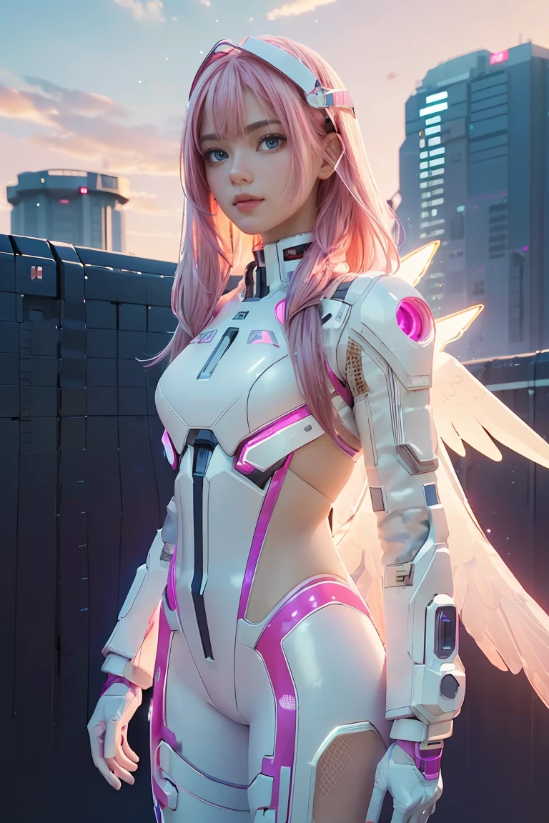 ((masterpiece, best quality, extremely detailed), volumetric lighting, ambient occlusion, colorful, glowing), 
1girl, solo, young girl, (pink hair), long hair, halo, aura, sacred, godness, cyber suit, (white outfit:1.3), android, bot, angel wings,
outdoors, sunset, sky, clouds, space, (cyberpunk theme:1.2),