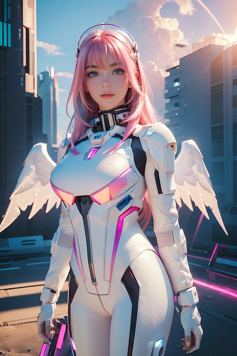 ((masterpiece, best quality, extremely detailed), volumetric lighting, ambient occlusion, colorful, glowing), 
1girl, solo, young girl, (pink hair), long hair, halo, aura, sacred, godness, cyber suit, (white outfit:1.3), android, bot, angel wings,
outdoors, sunset, sky, clouds, space, (cyberpunk theme:1.2),