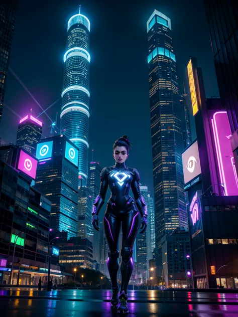 Desenhe sombra Overwatch cgi em um ambiente urbano cibernético futurista, filled with skyscrapers illuminated by holograms and n...