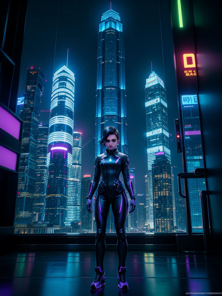 Desenhe sombra Overwatch cgi em um ambiente urbano cibernético futurista, filled with skyscrapers illuminated by holograms and neon lights. She&#39;s in a stealthy position, half crouched on a building&#39;s marquee, with his cunning eyes focused on a holographic control panel in front of him. ombre, a dark-skinned woman with short purple hair, shaved on one side, is dressed in a purple and black leather outfit, with neon details that glow softly. Your gloves are equipped with electronic devices, and one of them is being used to hack the building&#39;s security system. Ao fundo, drones fly through the night sky, and the city is alive with the movement of autonomous vehicles on the streets below. The atmosphere is tense, with a touch of imminent danger, destacando a habilidade de ombre como uma infiltradora e hacker de elite.