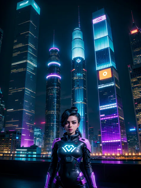 Desenhe sombra Overwatch cgi em um ambiente urbano cibernético futurista, filled with skyscrapers illuminated by holograms and n...