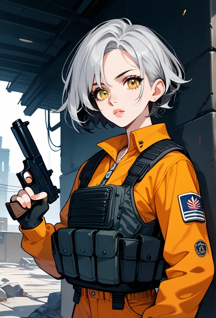 masterpiece, best quality, mature woman, short hair, (spiky hair), gray hair, sharp eyes, amber eyes, glossy lips, mature face, sharp expression, focused expression, tactical clothing, bulletproof vest, tactical vest, fingerless gloves, holding pistol, abandoned building