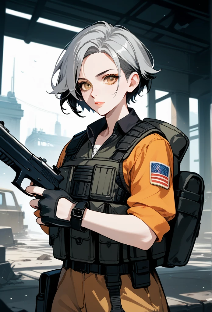 masterpiece, best quality, mature woman, short hair, (spiky hair), gray hair, sharp eyes, amber eyes, glossy lips, mature face, sharp expression, focused expression, tactical clothing, bulletproof vest, tactical vest, fingerless gloves, holding pistol, abandoned building