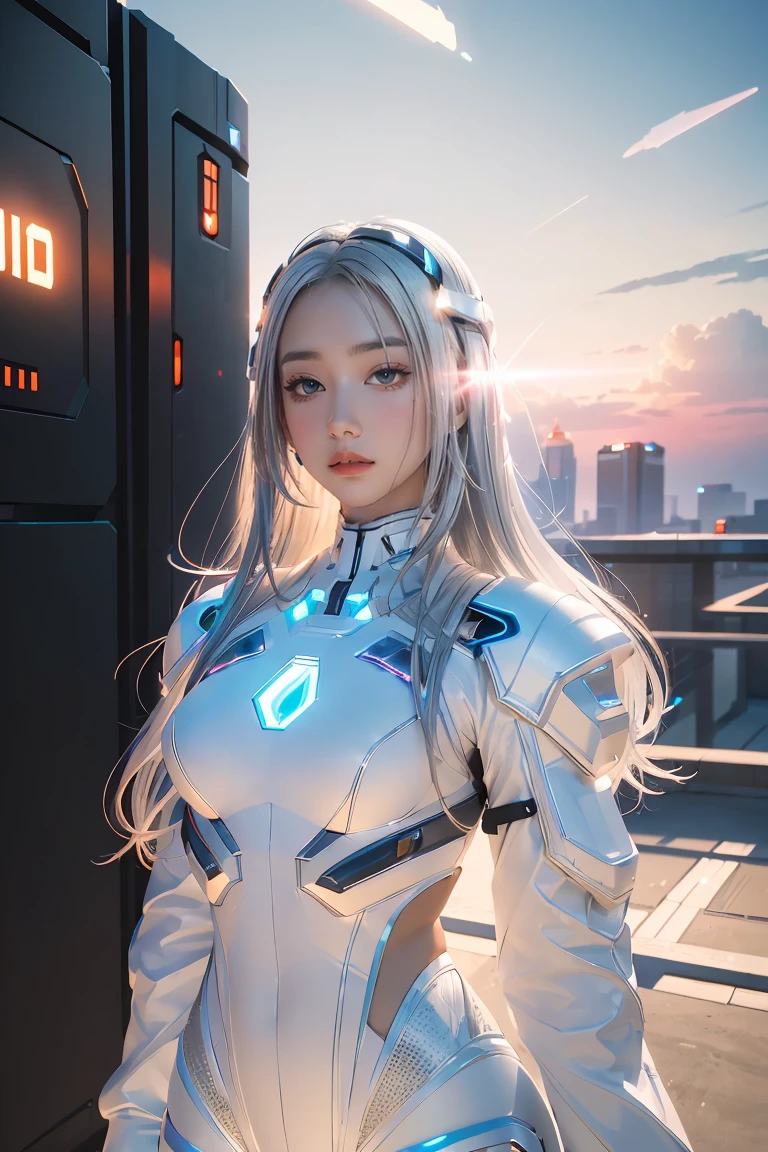 ((masterpiece, best quality, extremely detailed), volumetric lighting, ambient occlusion, colorful, glowing), 
1girl, solo, young girl, (silver hair), long hair, halo, aura, sacred, goddess, cyber suit, (white outfit:1.3), 
outdoors, sunset, sky, clouds, space, (cyberpunk theme:1.2),