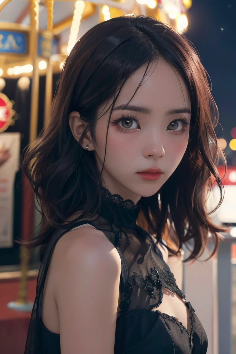 (8k, RAW photo, best quality, masterpiece:1.2), (realistic, photo-realistic:1.37) , 1girl, (carousel, night), miaoxiaoji(secret_tea), detailed face, detailed eyes, black dress